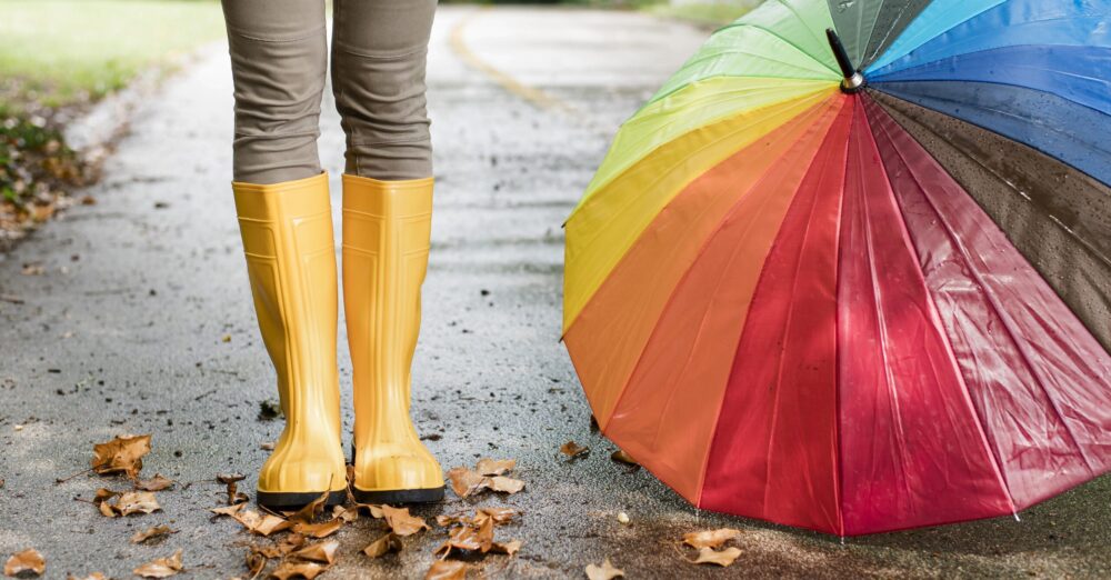 woman rain boots standing colorful umbrella. High resolution photo
